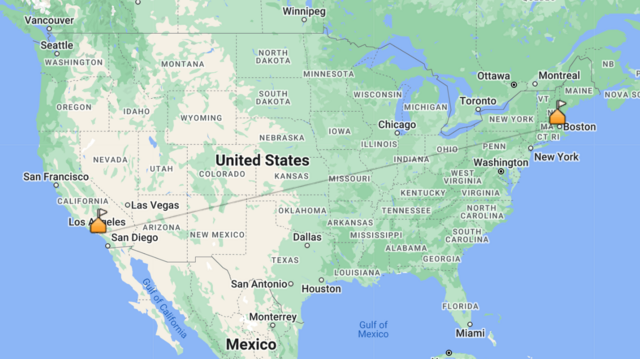 Map of US with contact from MA to CA