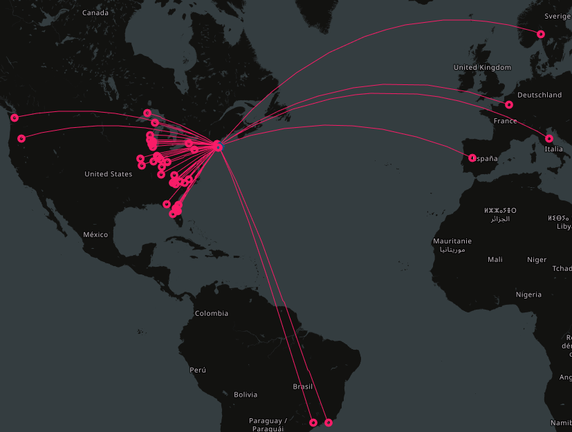 Map of all the contacts made over the weekend, with lines reaching across the US and into Europe and South America