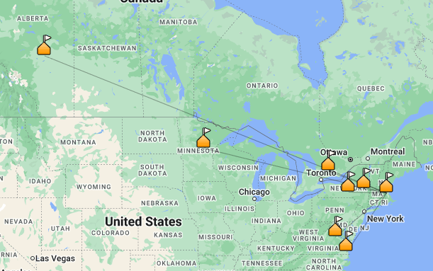 Map showing initial contacts between my home and distant stations