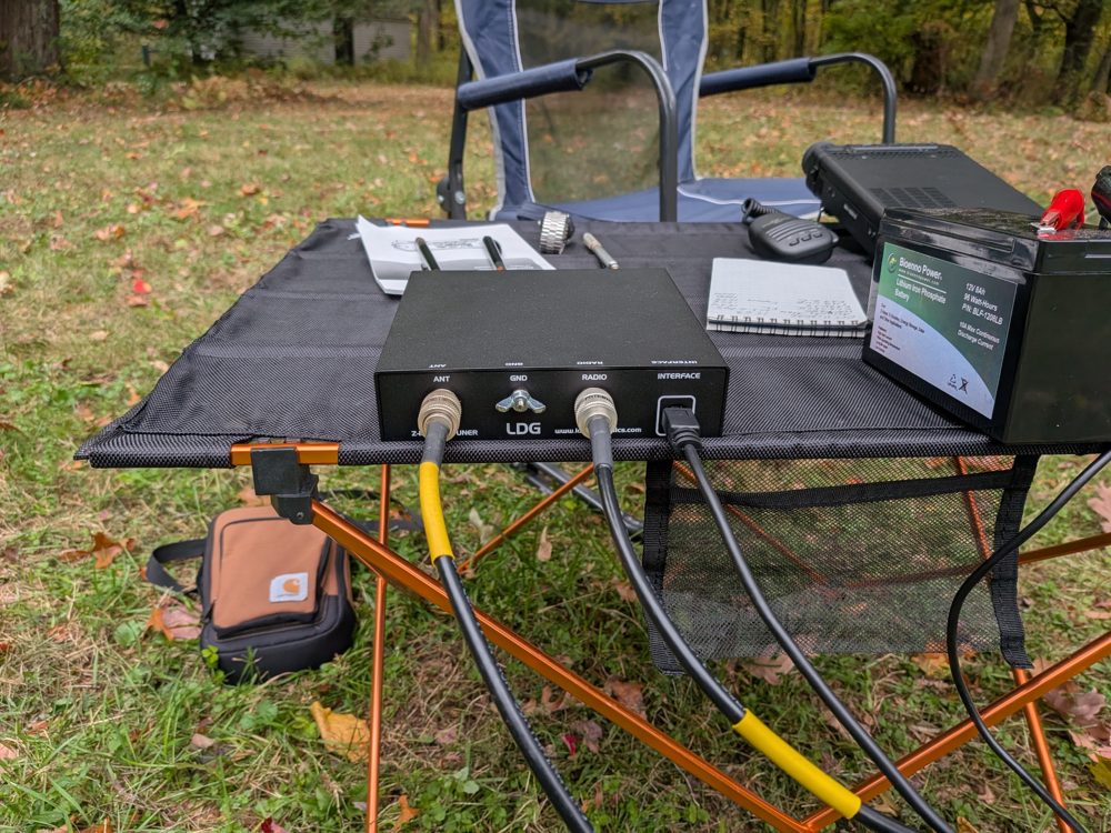 The back of the LDG Z-100A with ANT, GND, RADIO and INTERFACE connections and two coax cables plugged in