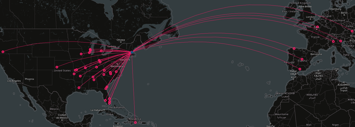 Map of the day's contacts with lines reaching across the United States, to Spain, Italy, France and Austria, and south to the Dominican Republic