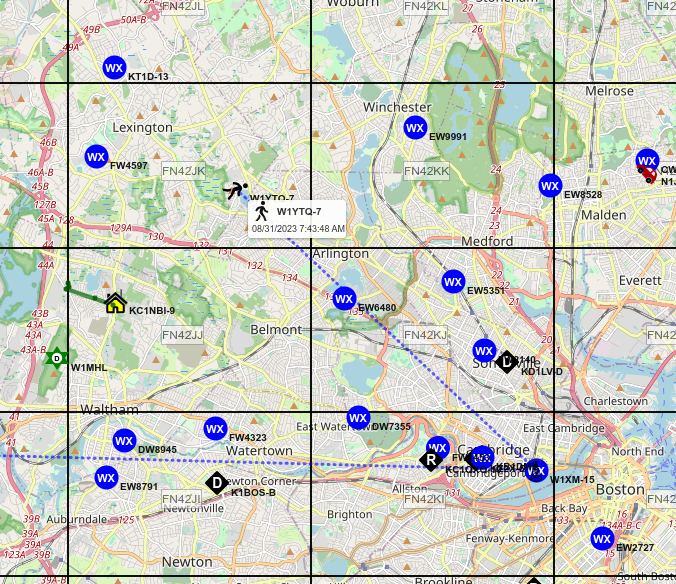 Map of Boston's metro west showing APRS tracks, markers and paths