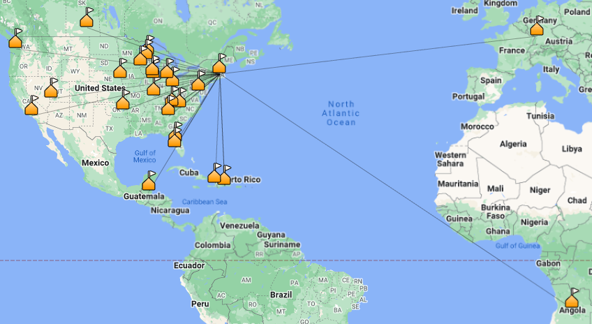 Map of my first FT8 contacts from my home shack