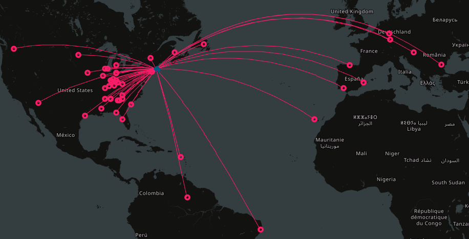 A map of contacts from my QTH reaching across the United States, to Canada, Spain, the Canary Islands, Germany, Hungary and Bulgaria, and to Brazil