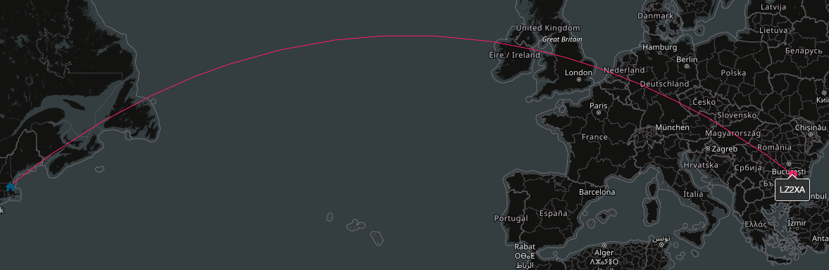A map showing the signal path from Lexington, Massachusetts across the Atlantic and Europe to LZ2XA in Bulgaria
