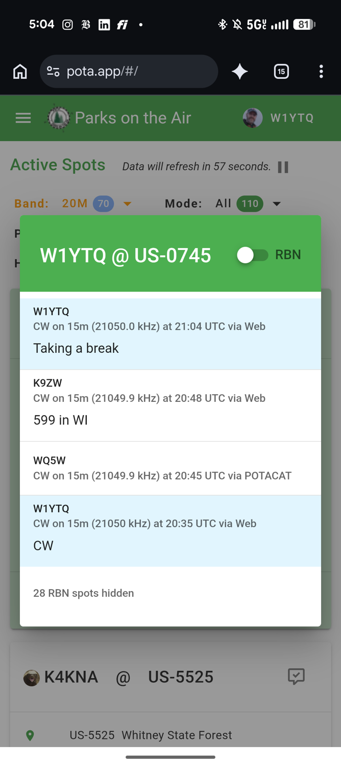 Screenshot of the POTA active spots page on my phone showing W1YTQ at US-0745 and a 20:48 UTC spot for K9ZW on 15 meters CW