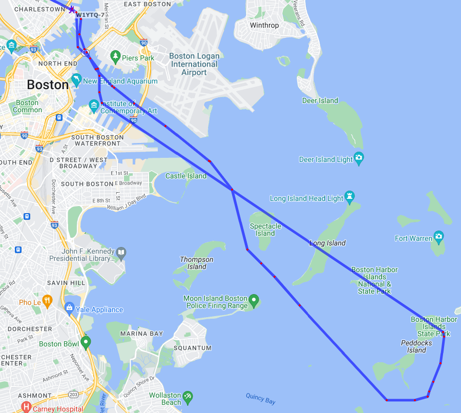 APRS track across Boston Harbor from Charlestown Boat Yard to Peddocks Island and back